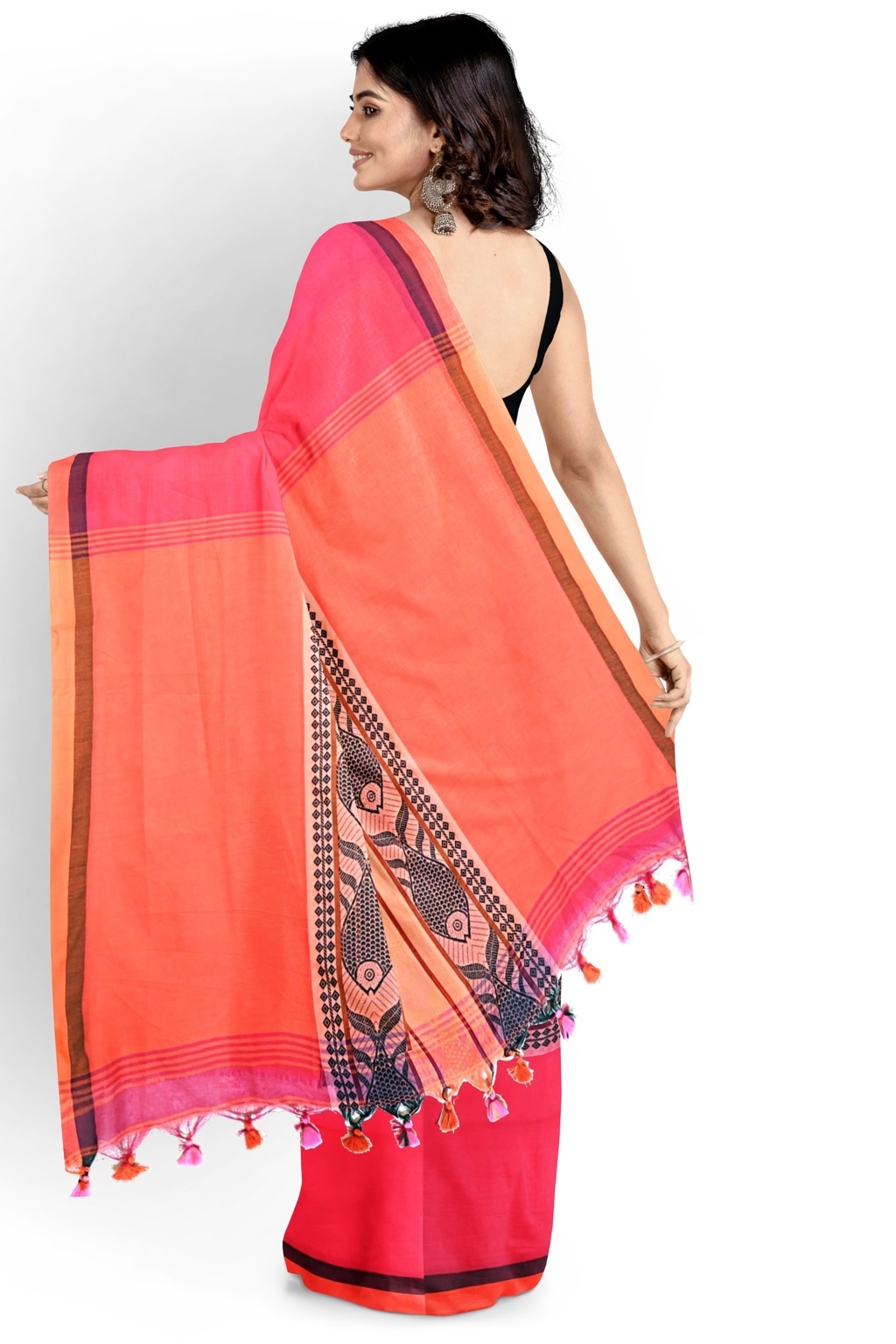 Pink Orange Pure Cotton Marine Hand Loom Saree (1278)